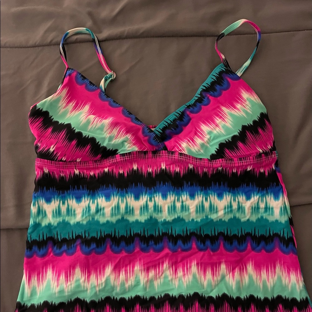 Medium blue, black and pink tankini